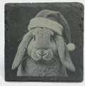 Christmas Bunny Slate Coaster – Rabbit in Santa Hat Holiday Art