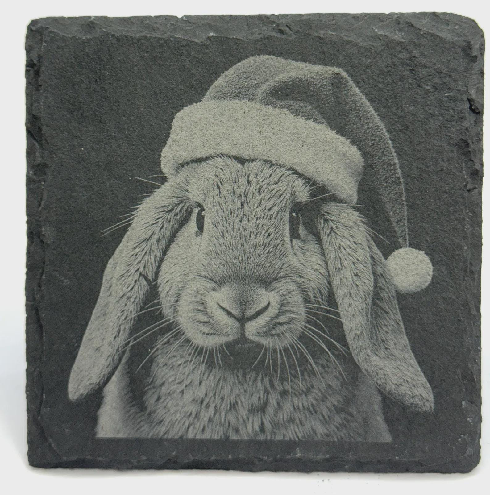 Christmas Bunny Slate Coaster – Rabbit in Santa Hat Holiday Art