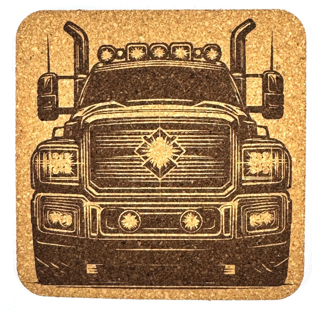 Lights On, Ready to Roll – Classic Diesel Truck Cork Coaster