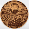 Wine Country Vineyard Scene with Wine Glass – Round Laser Engraved Cork Coaster