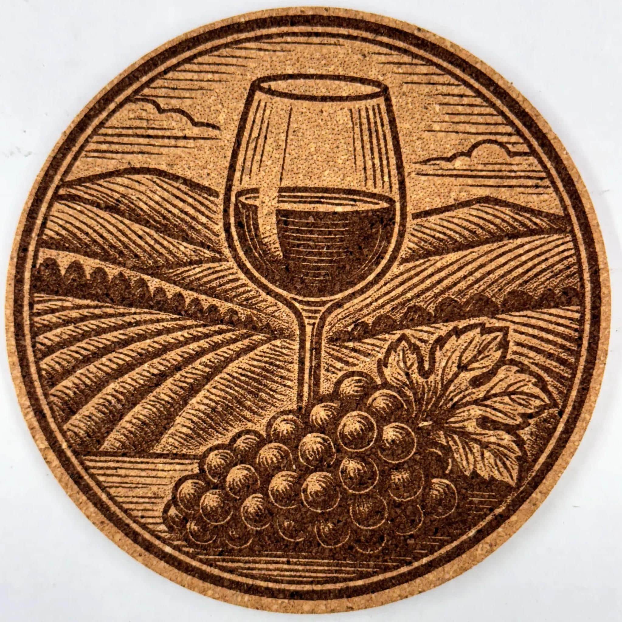 Wine Country Vineyard Scene with Wine Glass – Round Laser Engraved Cork Coaster