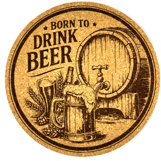 Born to Drink Beer Funny Cork Coaster Vintage Tap Barrel Design