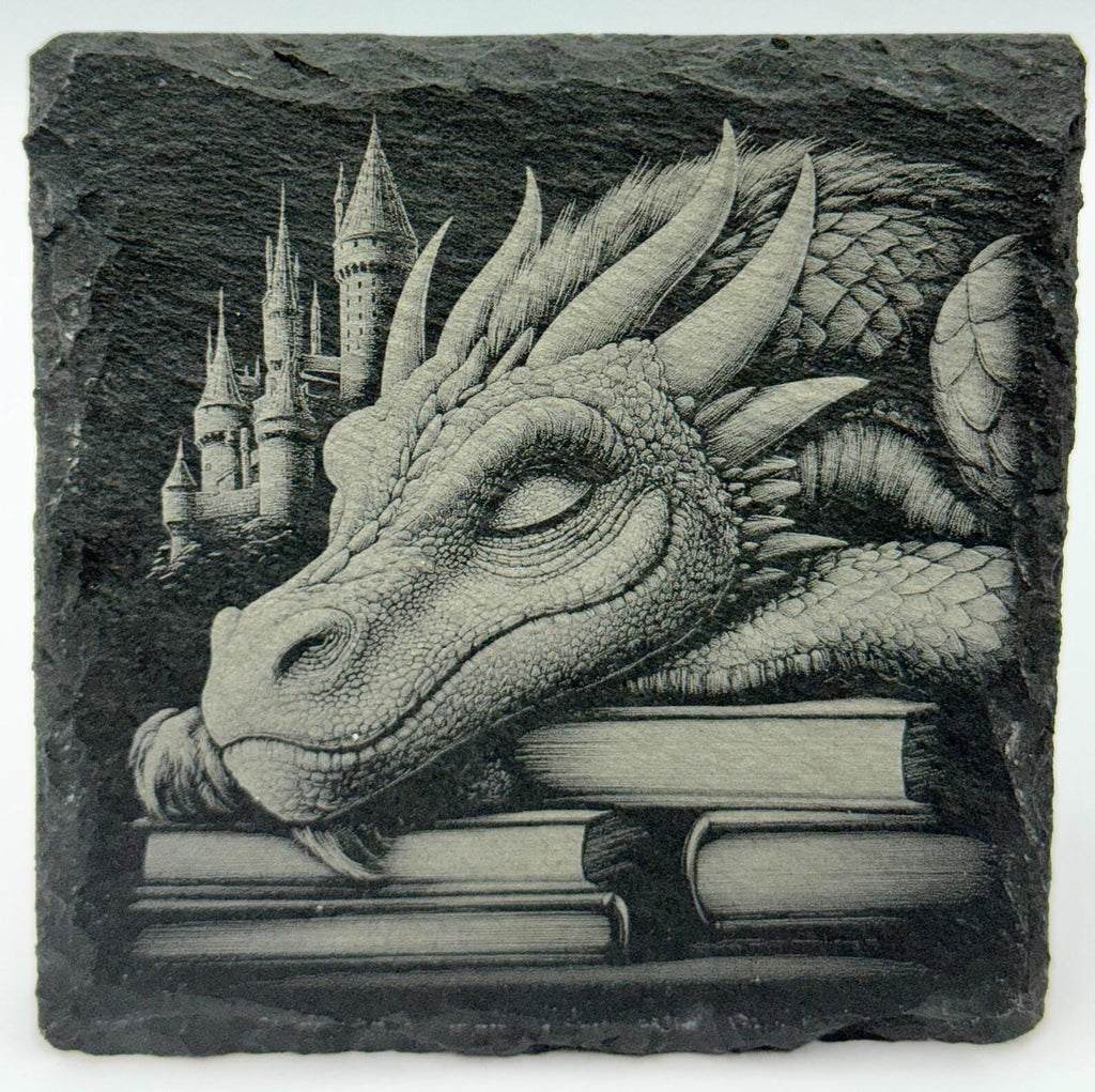 Sleeping Dragon on Books – Fantasy Slate Coaster