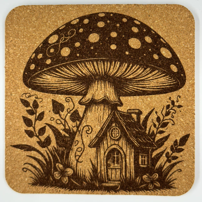 Enchanted Mushroom Cottage – Fairy Garden Cork Coaster