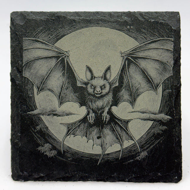 Bat in Moonlight Flight – Laser Engraved Slate Coaster