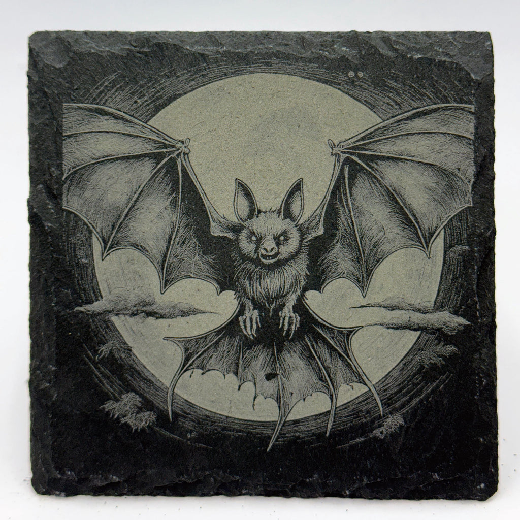 Bat in Moonlight Flight – Laser Engraved Slate Coaster