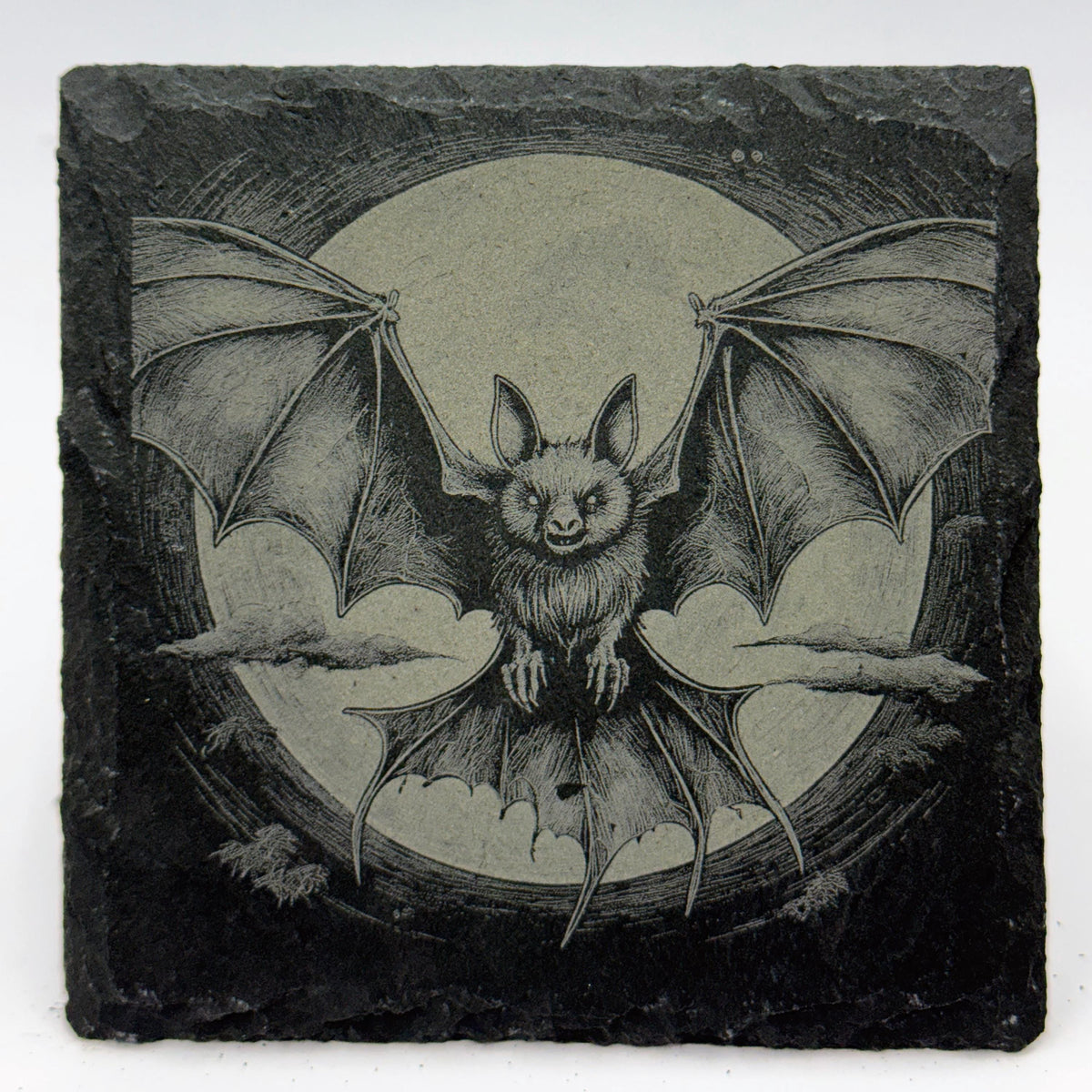 Bat in Moonlight Flight – Laser Engraved Slate Coaster