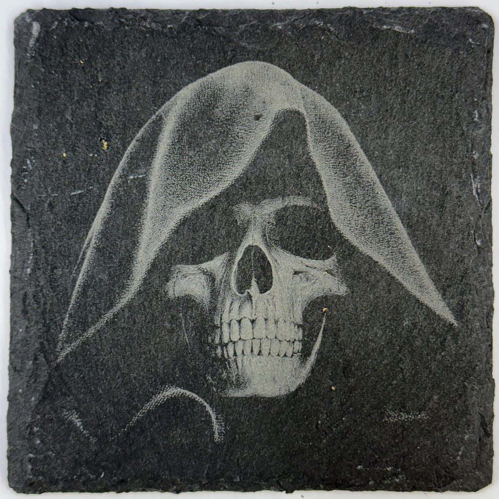 Hooded Reaper Skull Slate Coaster – Dark Gothic Art