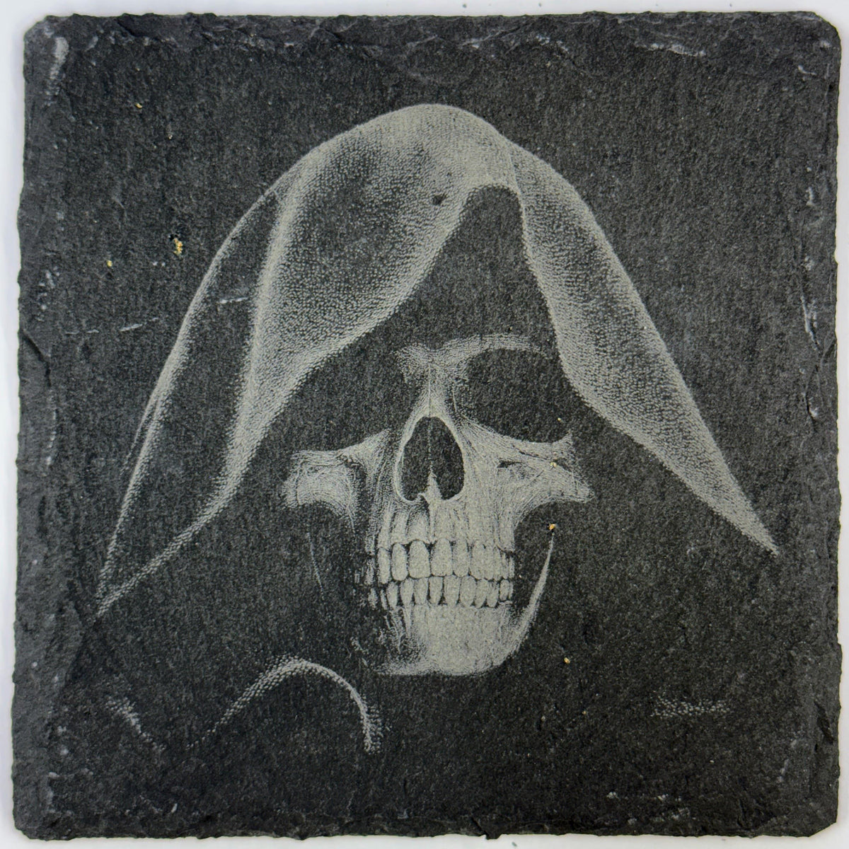Hooded Reaper Skull Slate Coaster – Dark Gothic Art