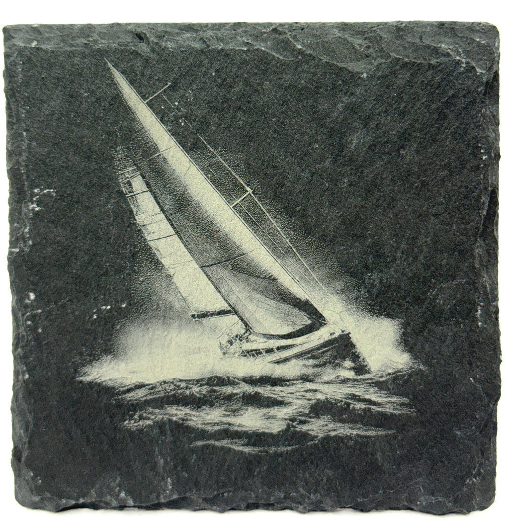 Modern Sailing Yacht Under Full Sail – Laser Engraved Slate Coaster
