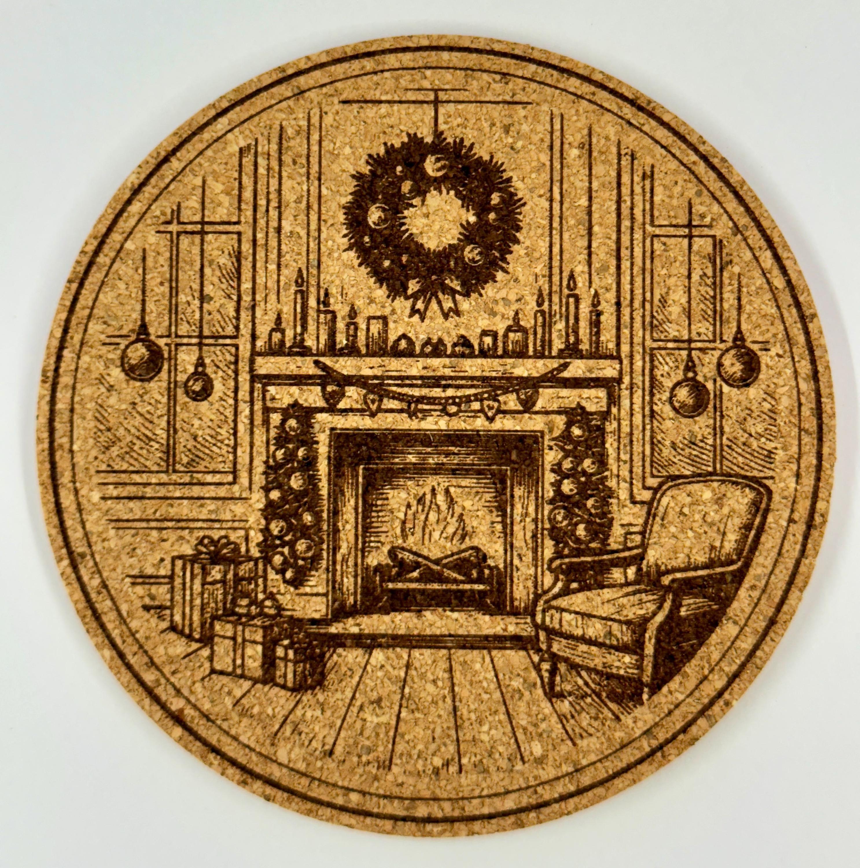 Holiday Fireplace Cork Coaster – Wreath and Candle Christmas Scene