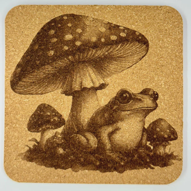 Whimsical Frog & Mushroom Cork Coaster – Woodland Storybook Art