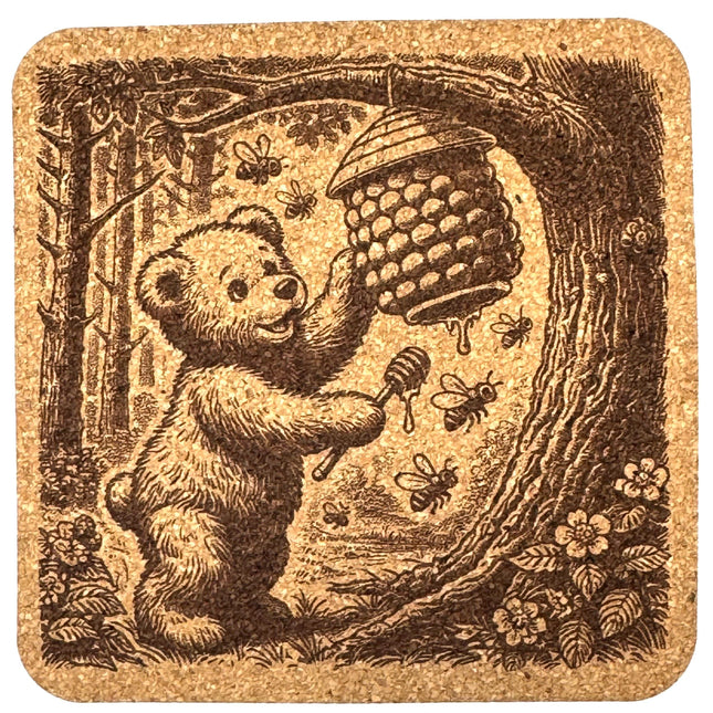 Playful Bear and Beehive – Woodland Cork Coaster