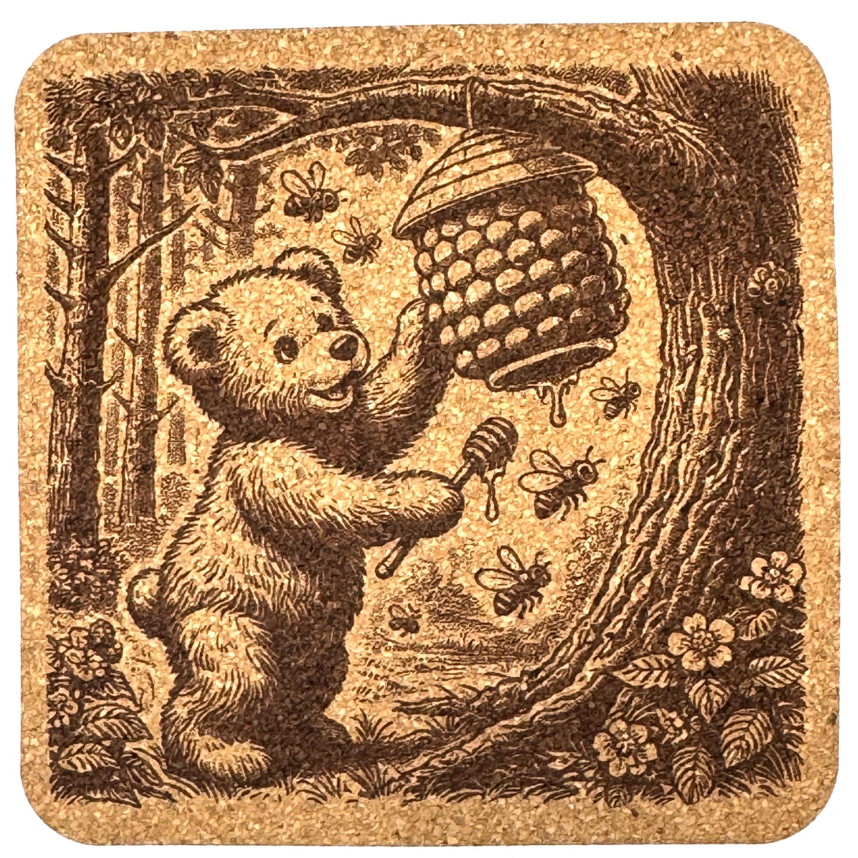 Playful Bear and Beehive – Woodland Cork Coaster