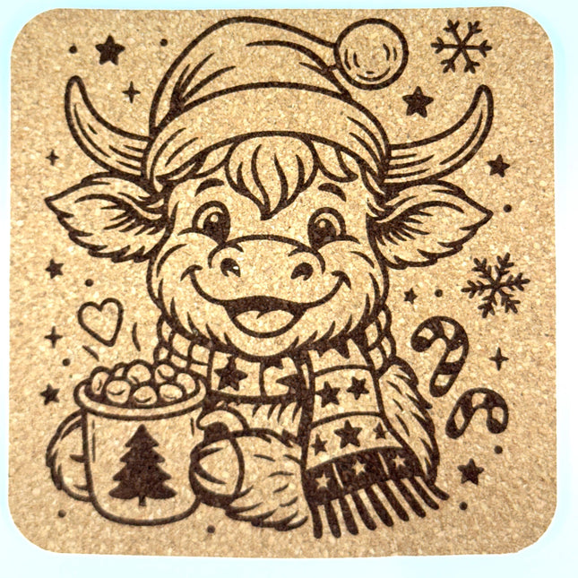 Cozy Christmas Highland Cow Cork Coaster – Cocoa & Candy Cane
