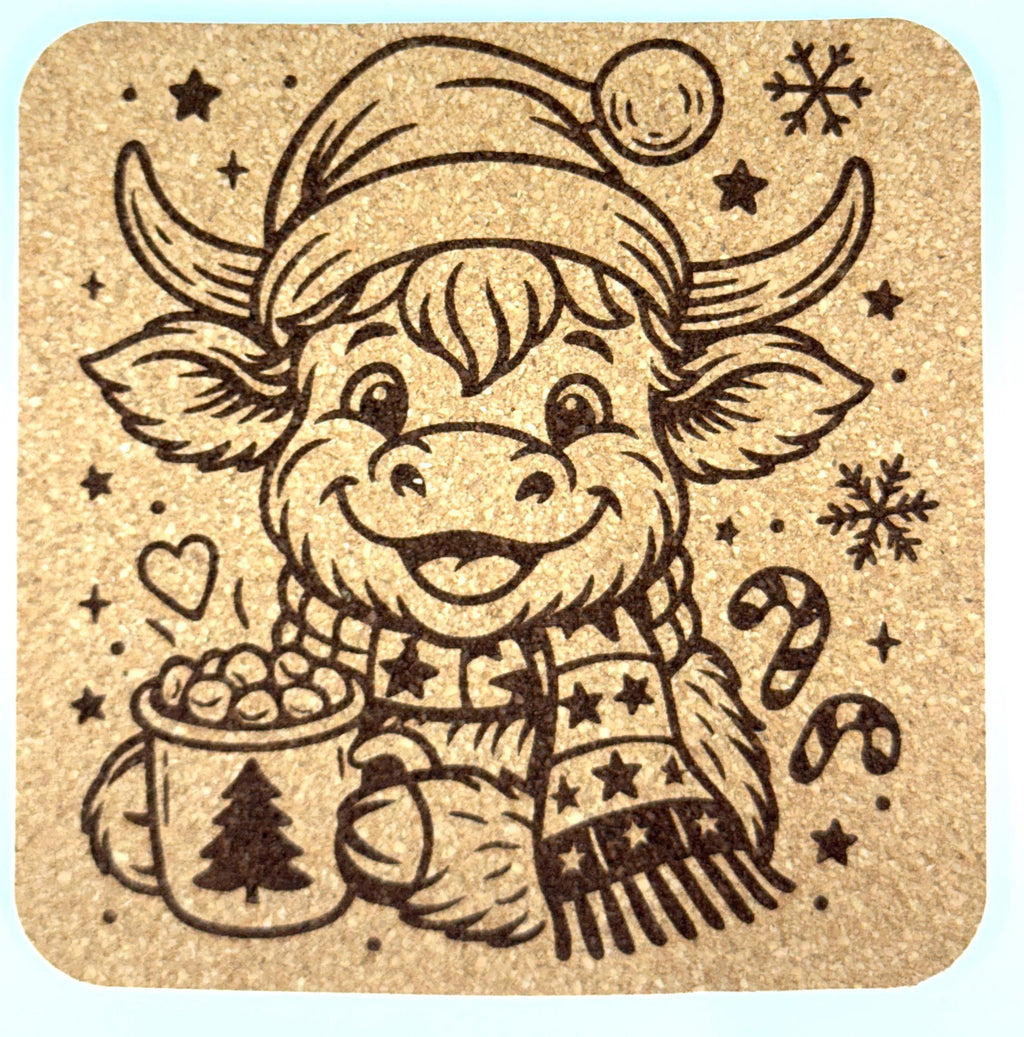 Cozy Christmas Highland Cow Cork Coaster – Cocoa & Candy Cane