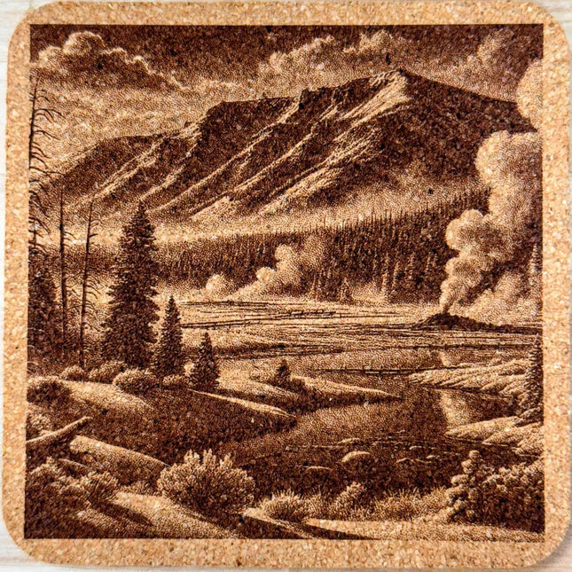 Yellowstone Geyser Basin Cork Coaster – Vintage National Park Landscape Art