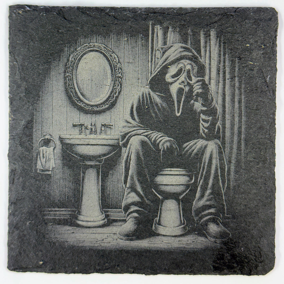 Bathroom Scream Mask Slate Coaster – Funny Horror Parody Art