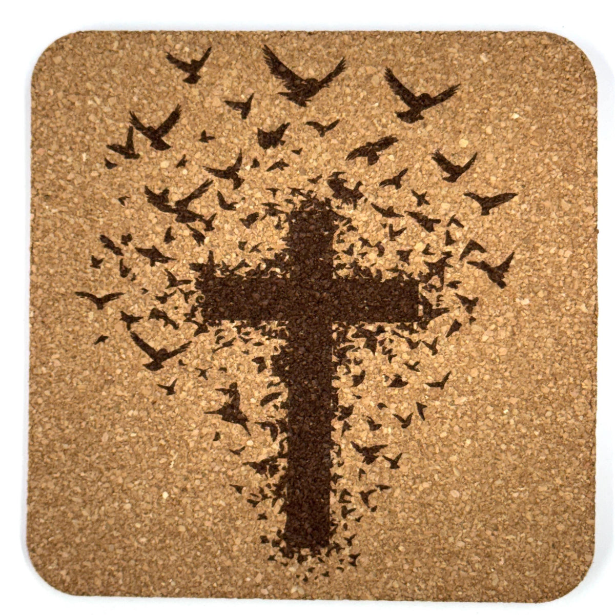 Cross Formed by Birds Laser Engraved Cork Coaster