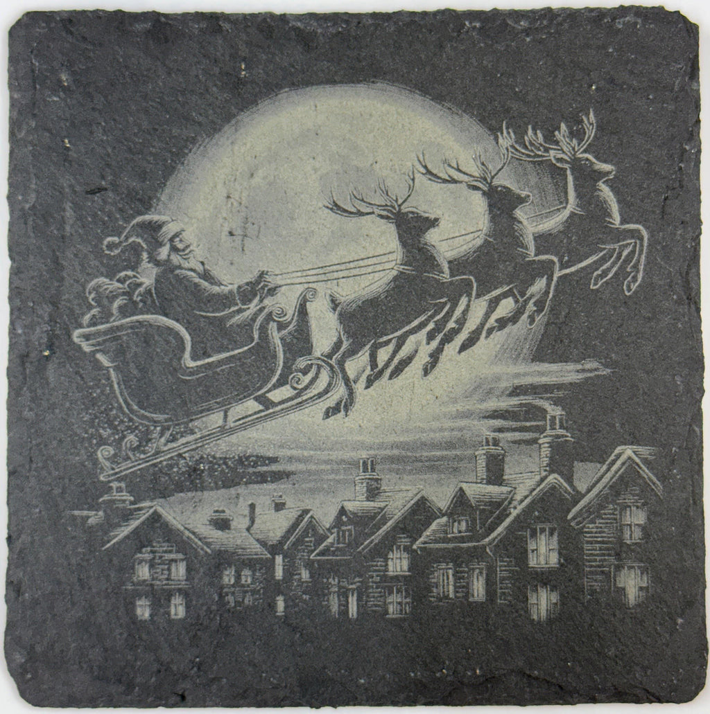 Santa Sleigh Moon Slate Coaster – Classic Christmas Eve Night Art