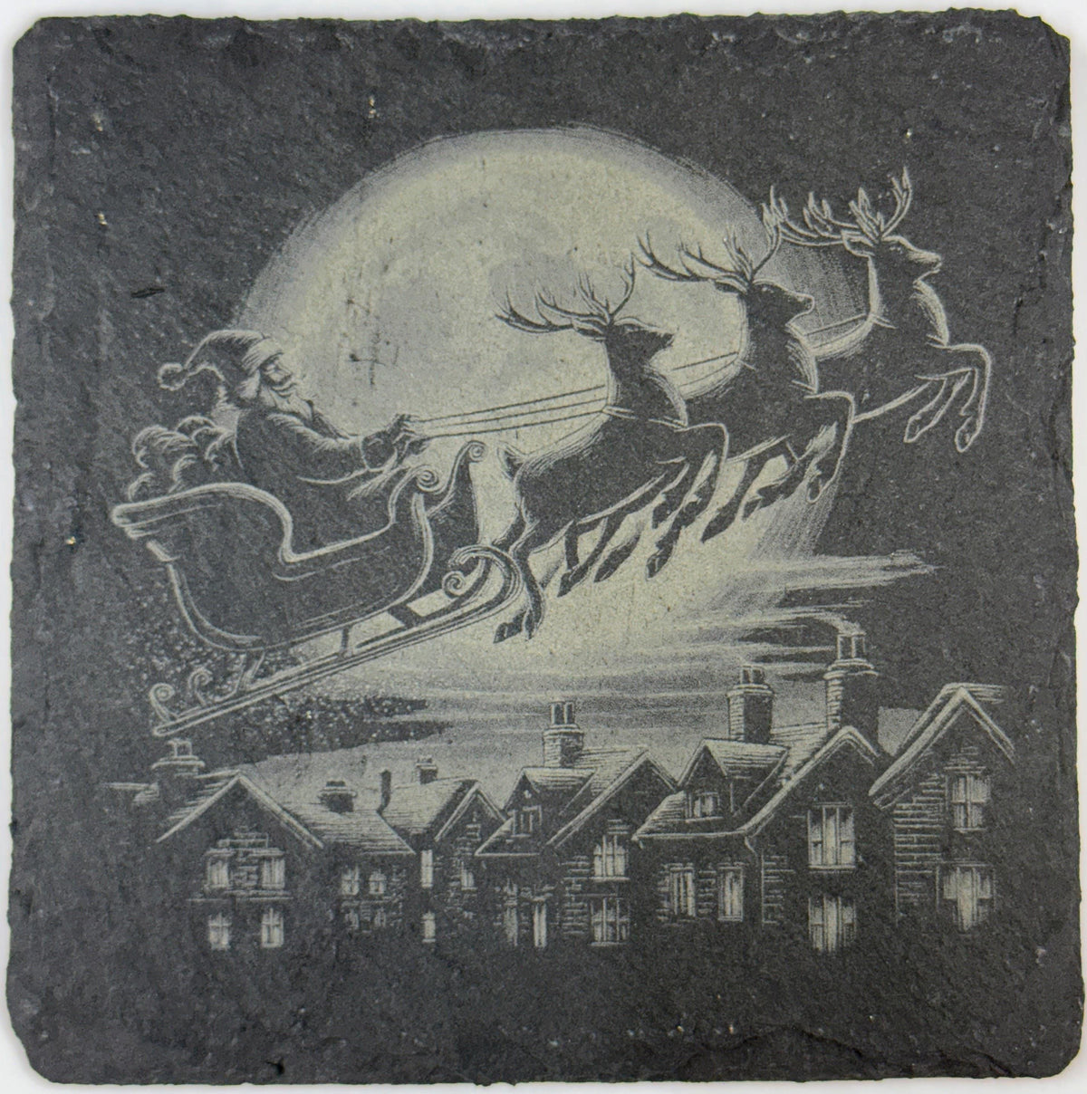 Santa Sleigh Moon Slate Coaster – Classic Christmas Eve Night Art