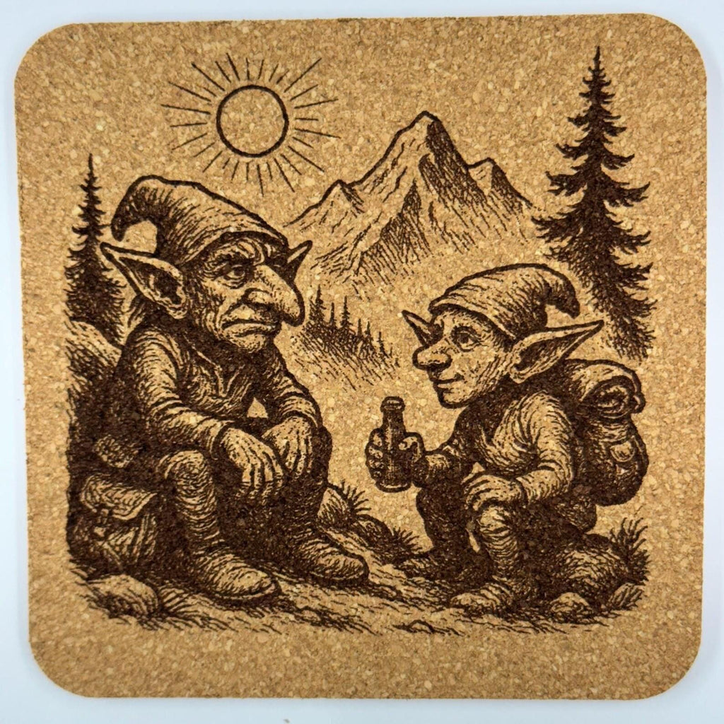 Mountain Goblin Break Cork Coaster – Whimsical Hiking Fantasy Art