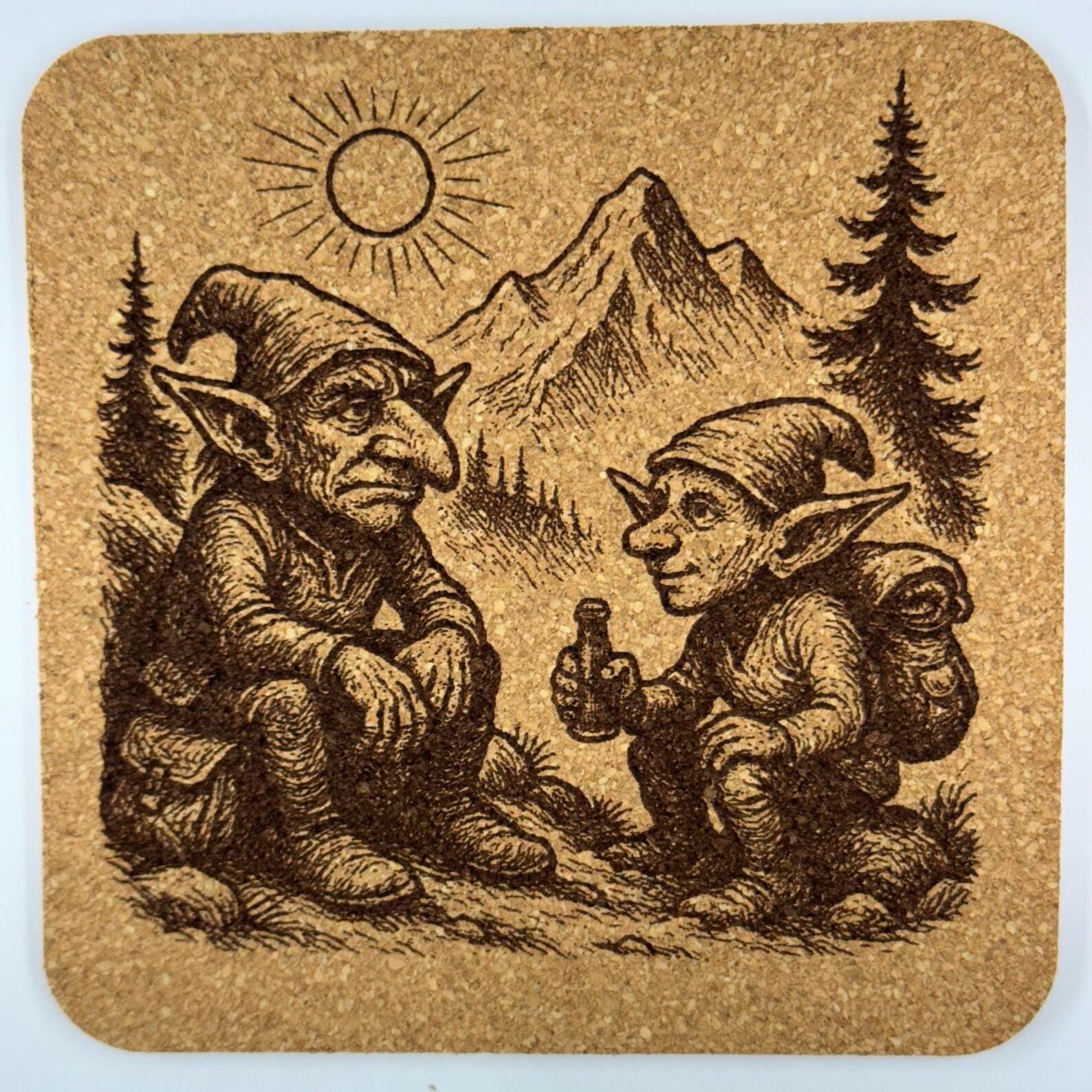 Mountain Goblin Break Cork Coaster – Whimsical Hiking Fantasy Art