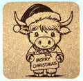 Merry Christmas Highland Cow Cork Coaster – Cute Holiday Cow
