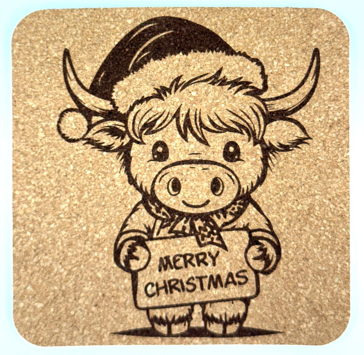 Merry Christmas Highland Cow Cork Coaster – Cute Holiday Cow