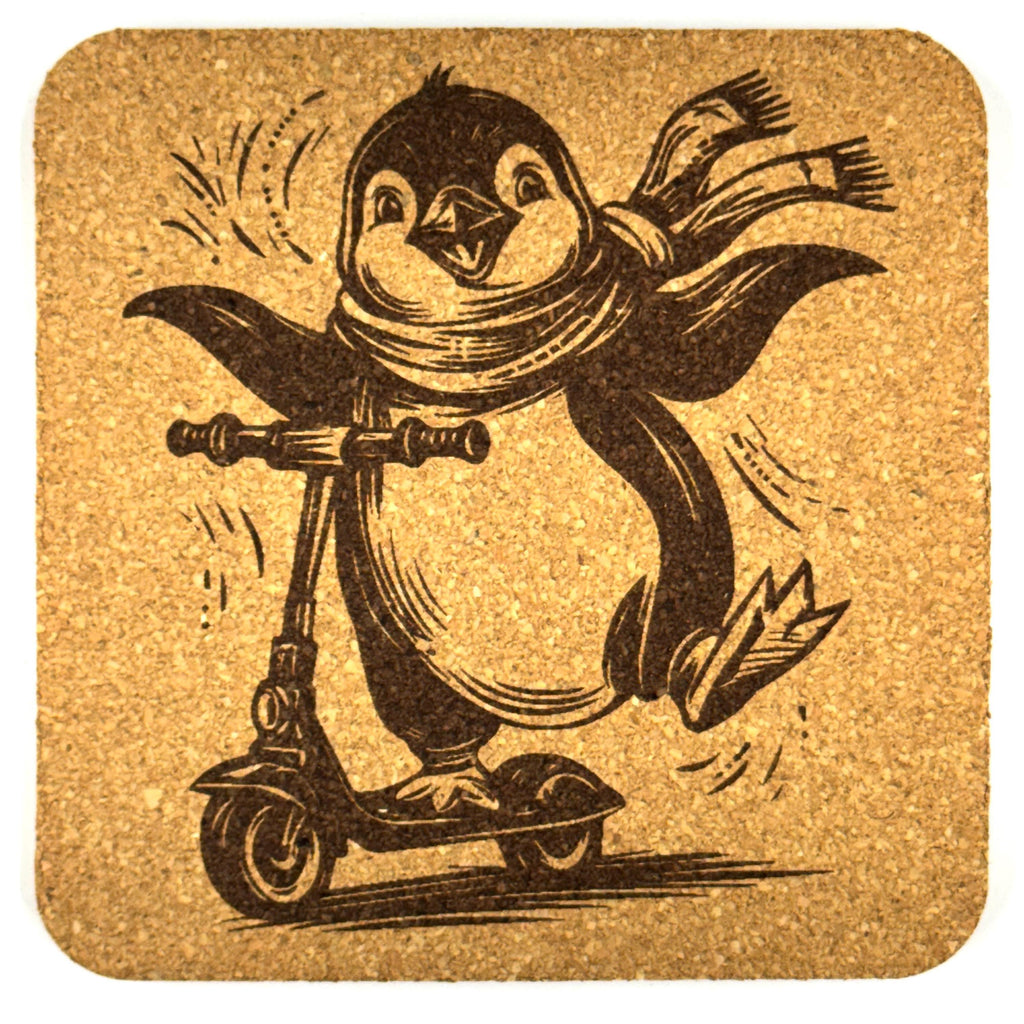 Scooter Riding Penguin Cork Coaster – Cute Animal Adventure Bar Decor