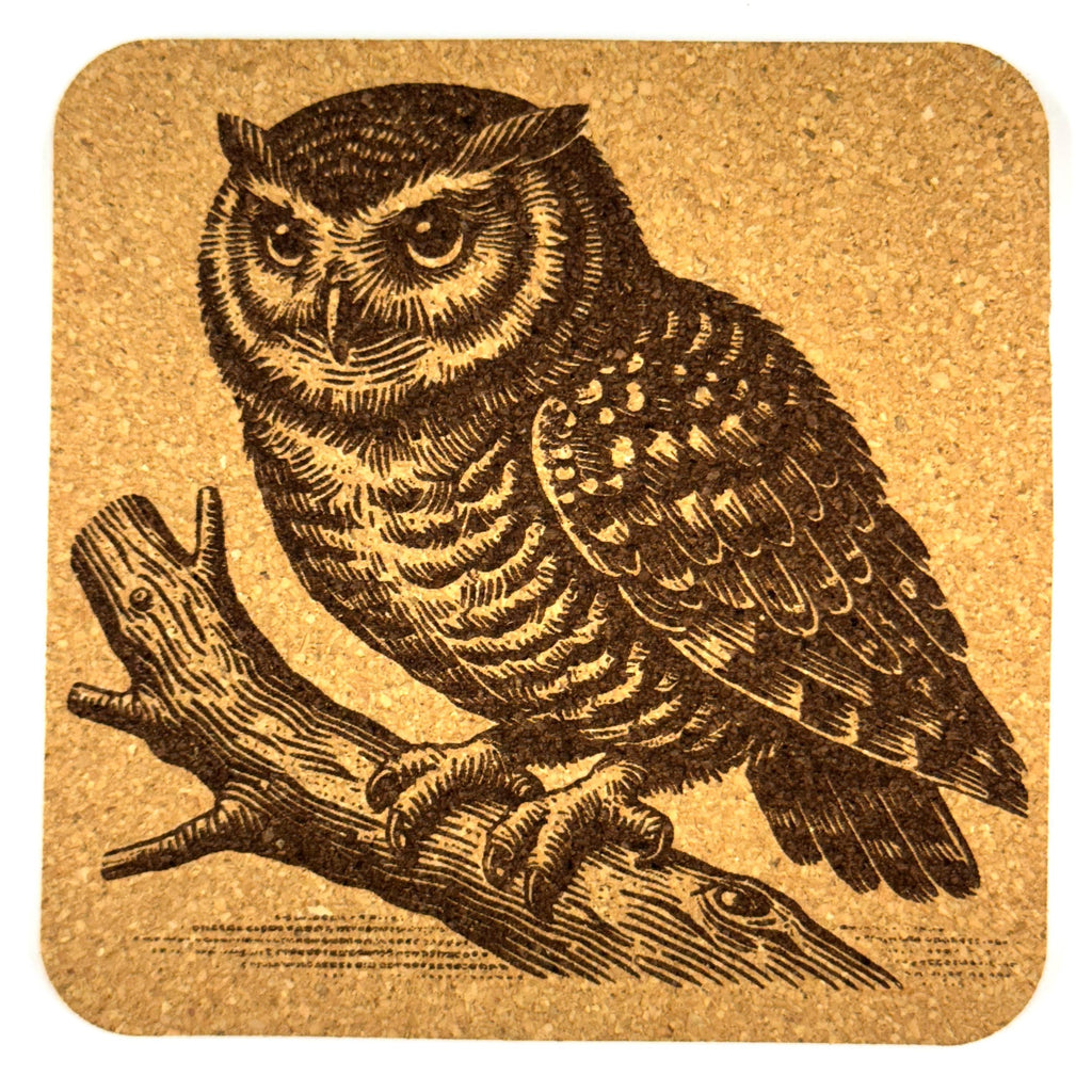Detailed Owl Line Art Cork Coaster – Rustic Woodland Decor