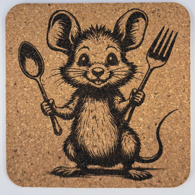Happy Chef Mouse with Spoon and Fork – Whimsical Cork Coaster