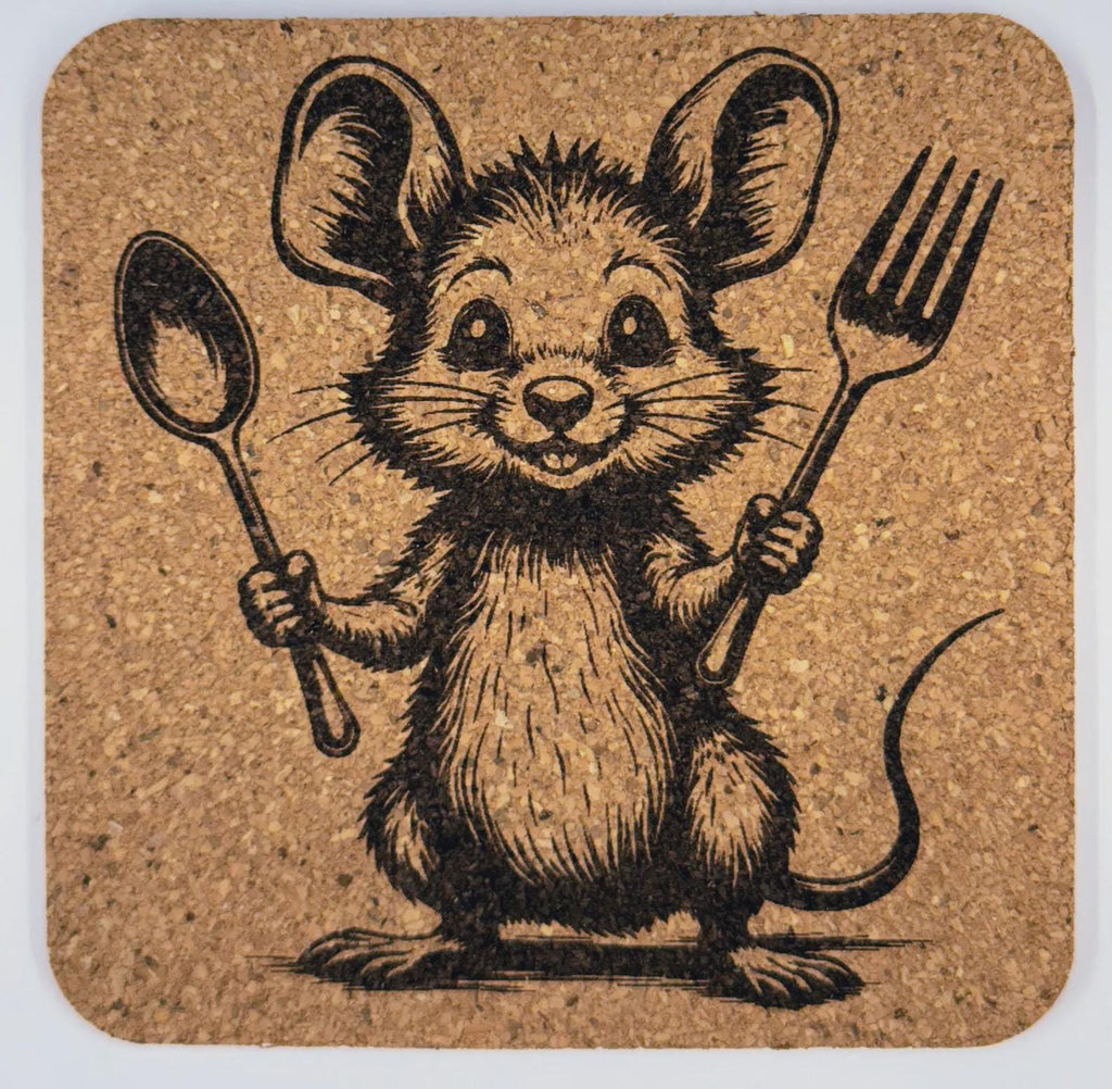 Happy Chef Mouse with Spoon and Fork – Whimsical Cork Coaster