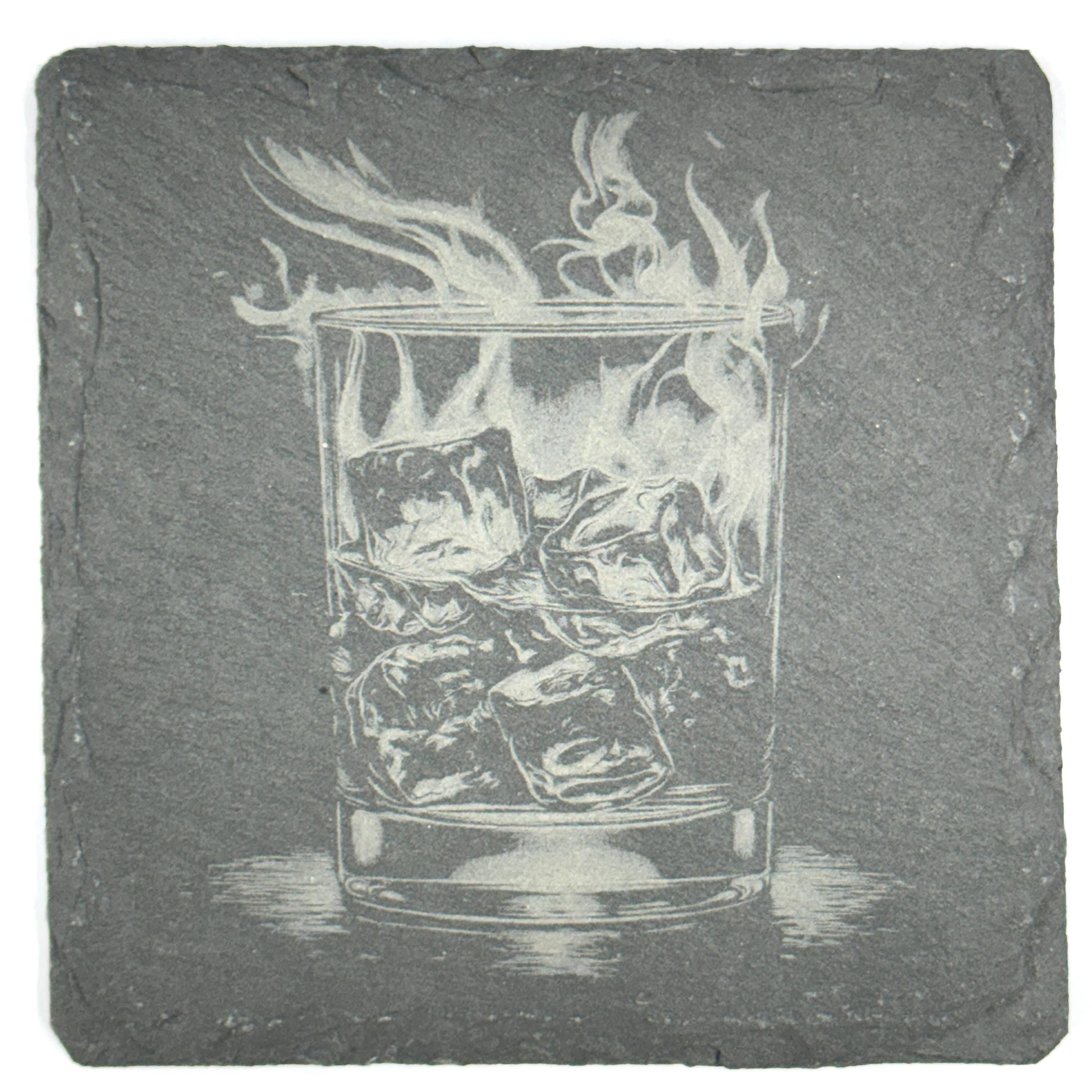Flaming Whiskey Glass Slate Coaster – Bold Bar Drink Design