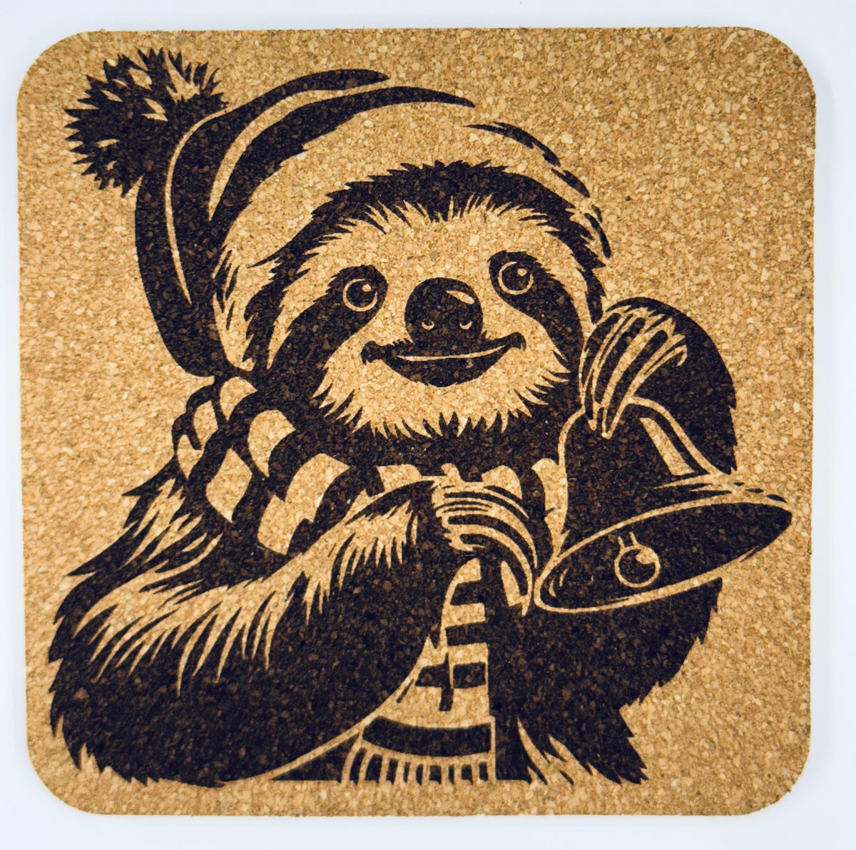 Christmas Sloth Cork Coaster – Cozy Holiday Bell Sloth