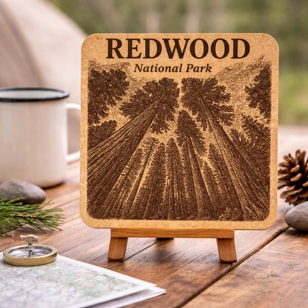 Redwood National Park Forest View Laser Engraved Cork Coasters