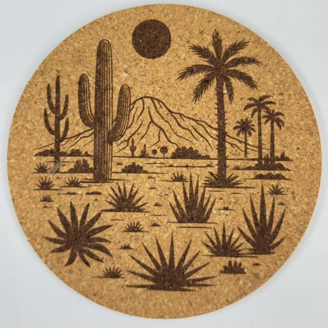 Round Cactus Cork Coaster – Southwest Desert Mountain Scene