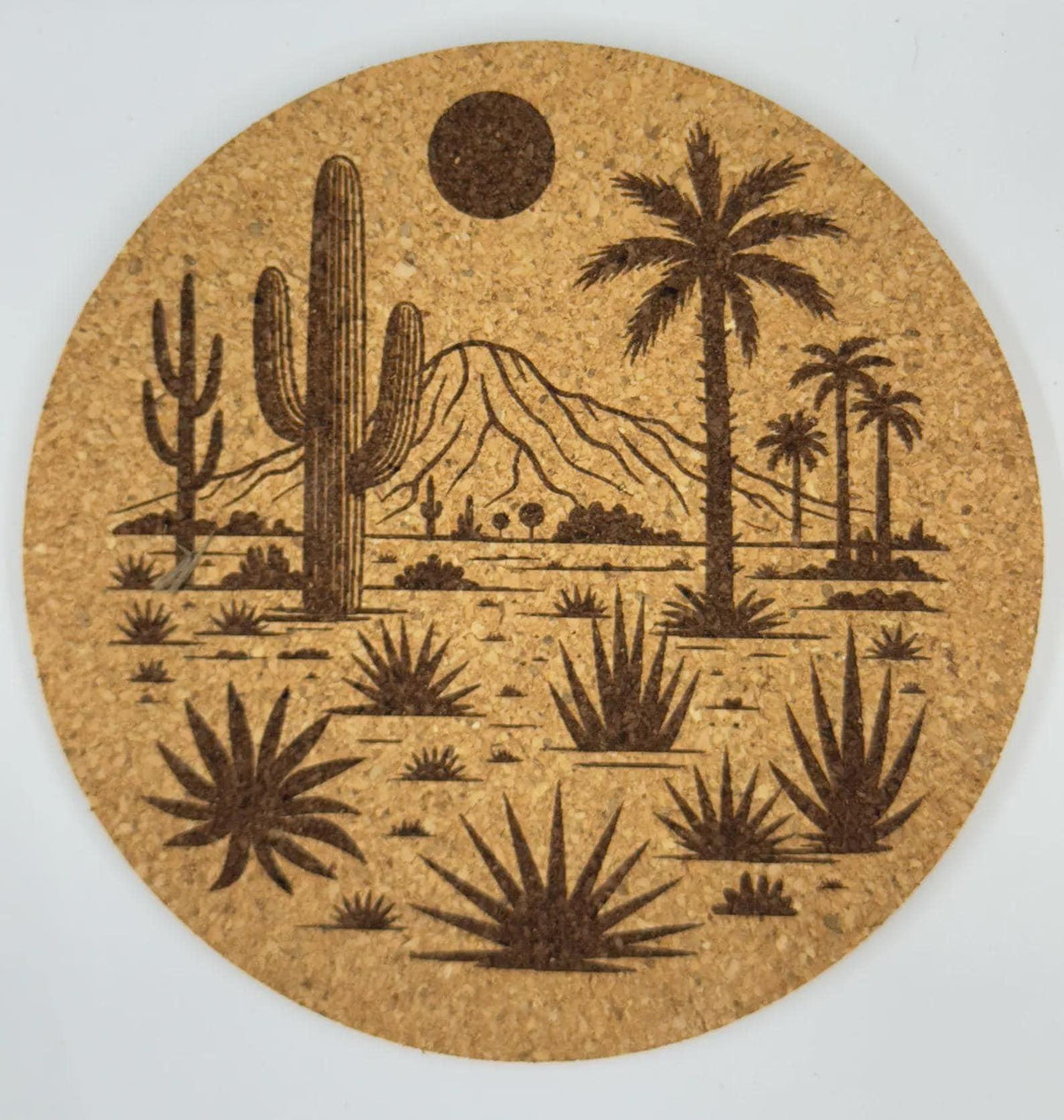 Round Cactus Cork Coaster – Southwest Desert Mountain Scene