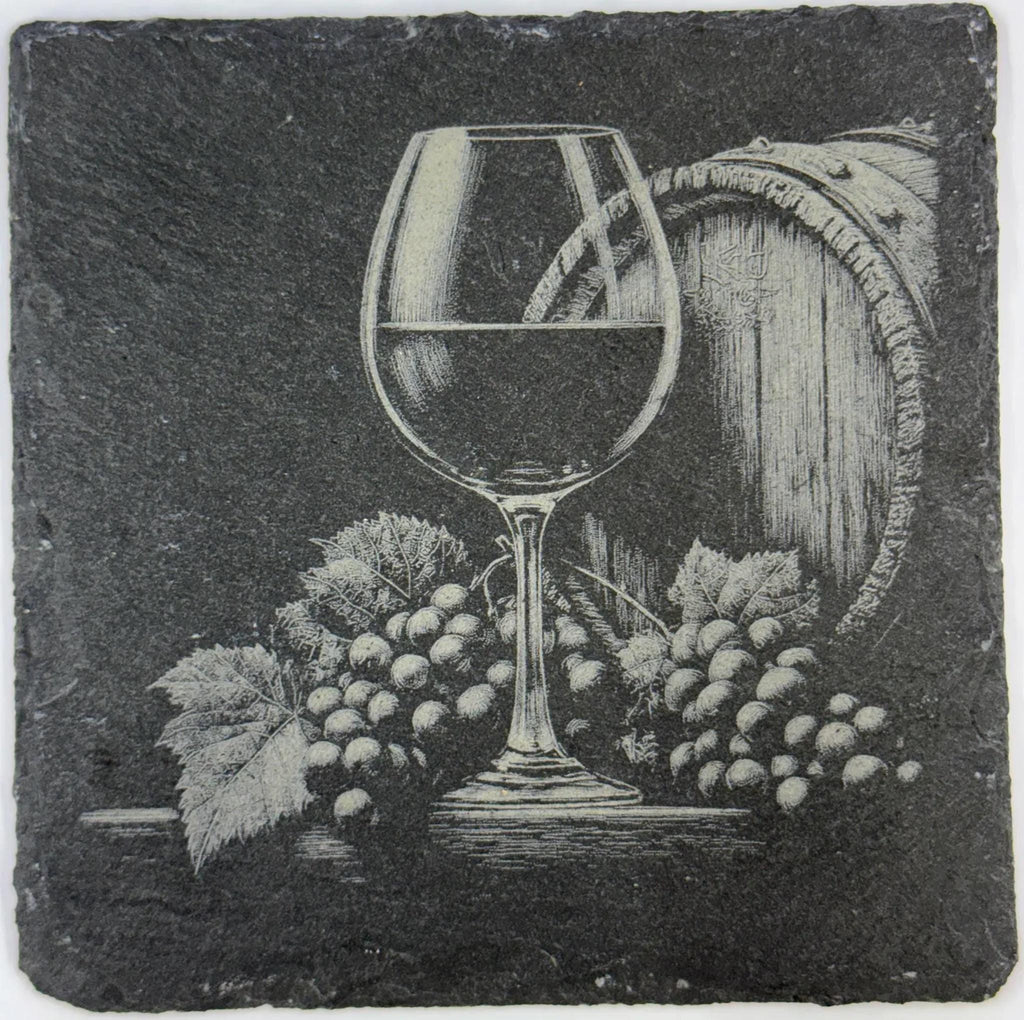 Wine Glass with Barrel & Grape Clusters – Vintage Vineyard Slate Coaster