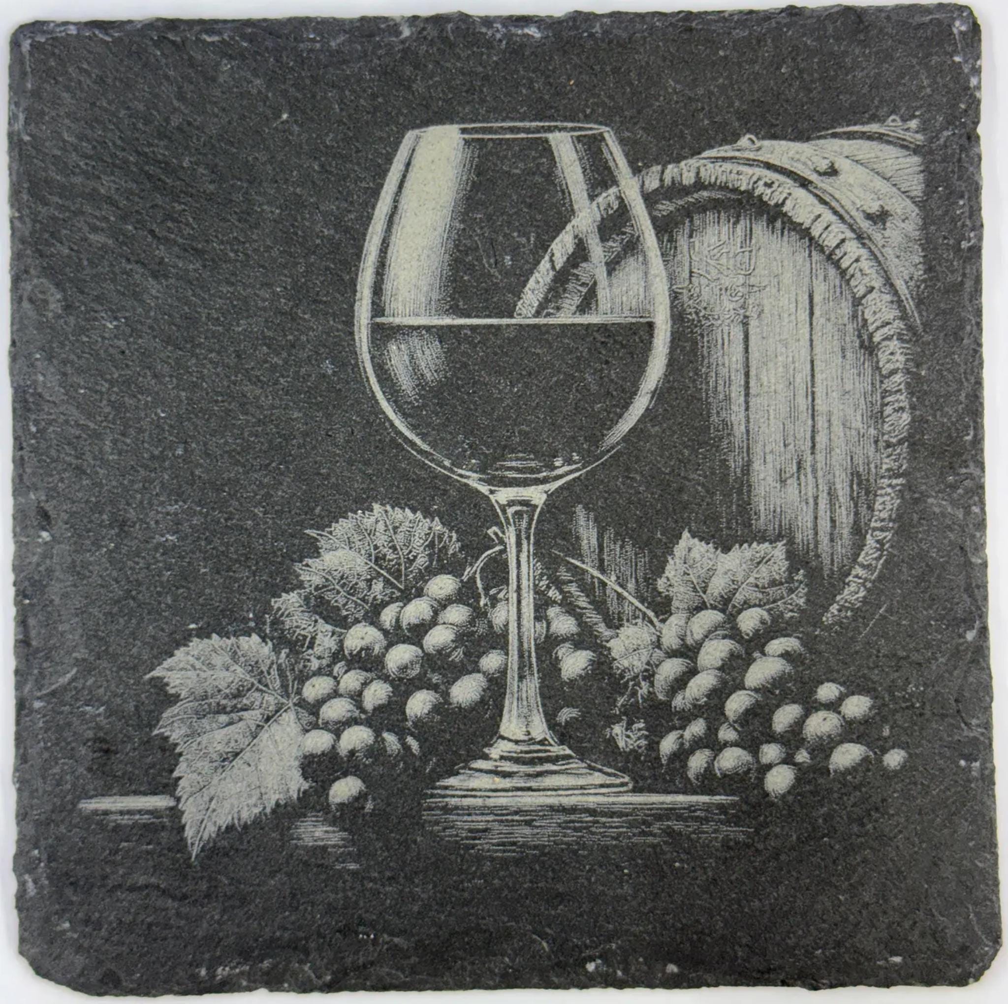 Wine Glass with Barrel & Grape Clusters – Vintage Vineyard Slate Coaster