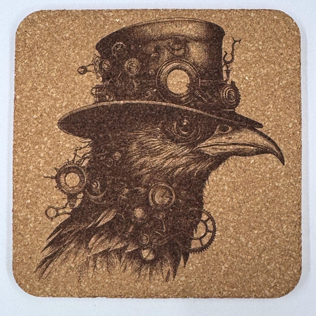 Clockwork Raven Profile – Steampunk Fantasy Cork Coaster