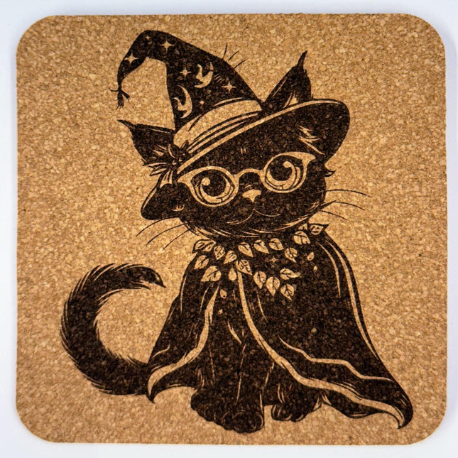 Wizard Cat Halloween – Engraved Cork Coaster