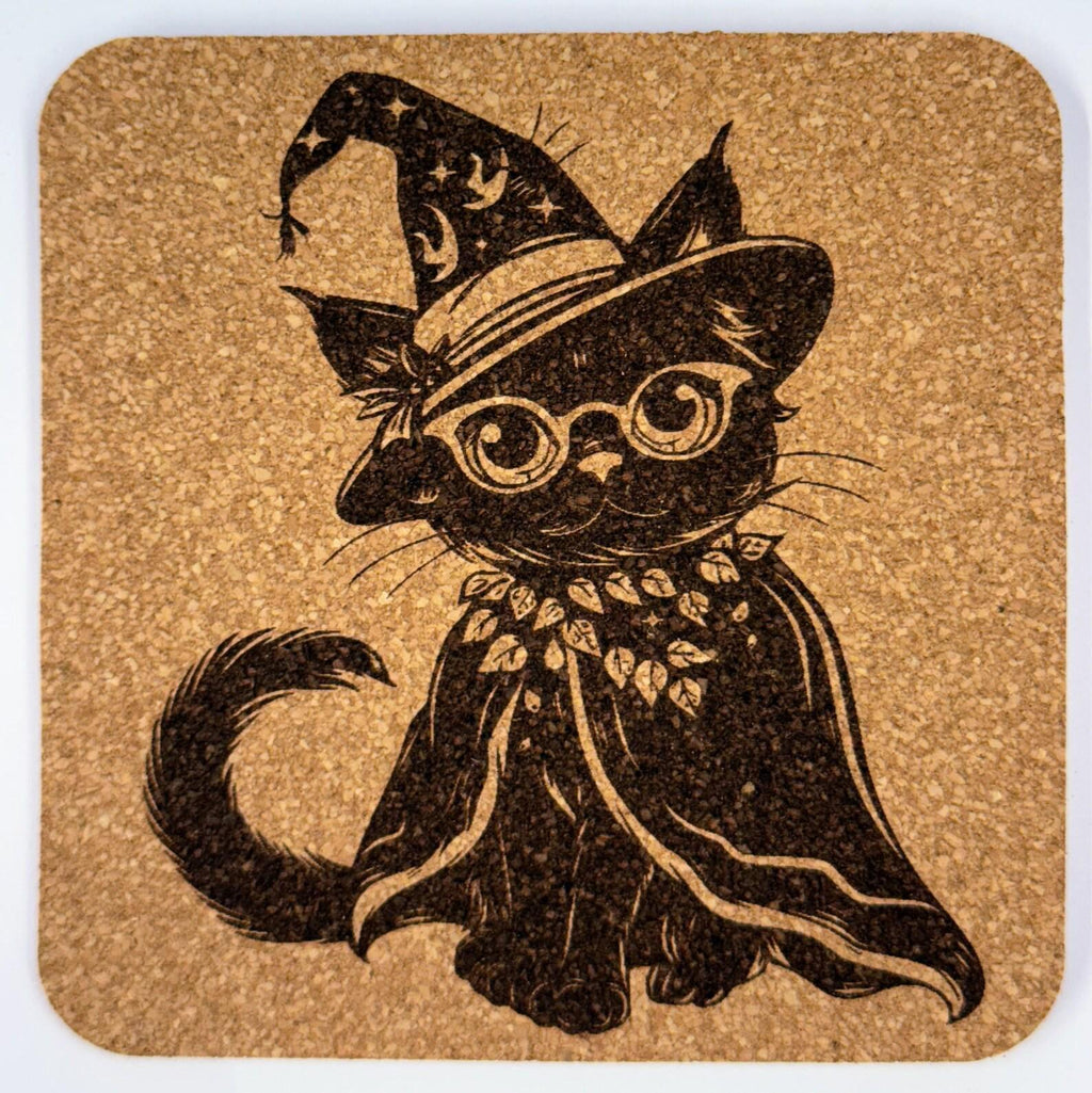 Wizard Cat Halloween – Engraved Cork Coaster