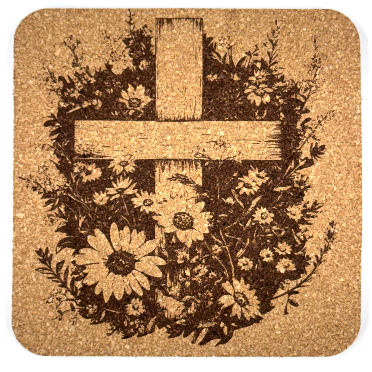 Wildflower Garden Cross Laser Engraved Cork Coaster