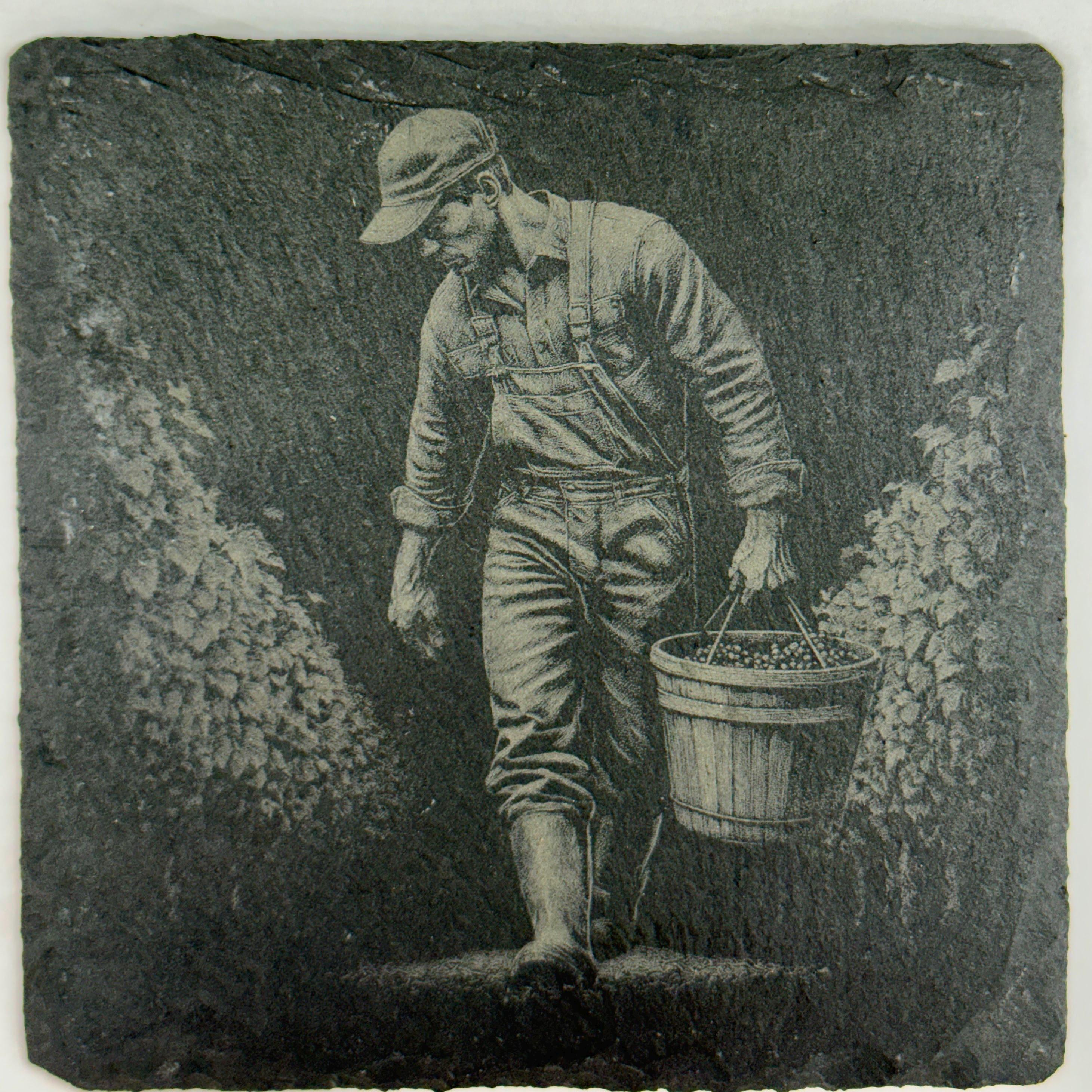 Grape Harvest Worker Slate Coaster – Vineyard Life Scene