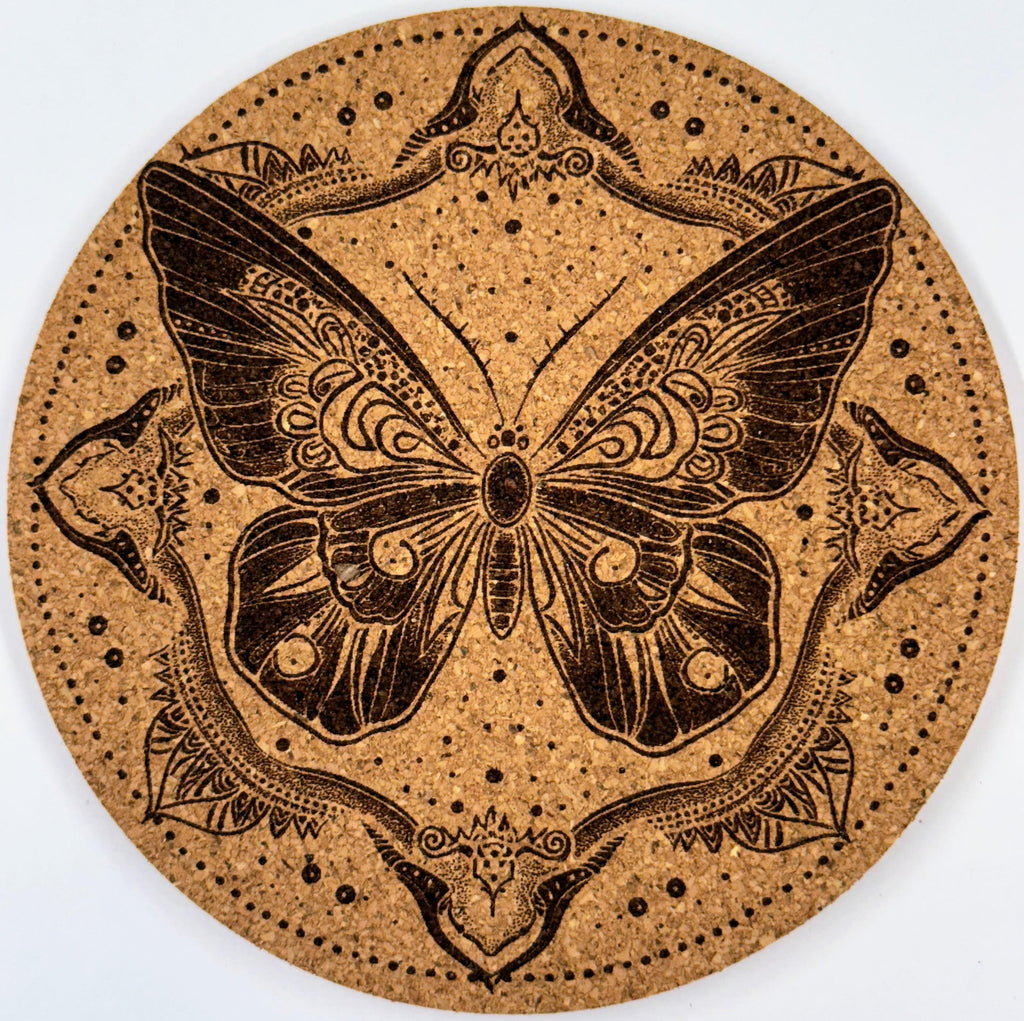 Decorative Butterfly Mandala – Elegant Line Art Cork Coaster