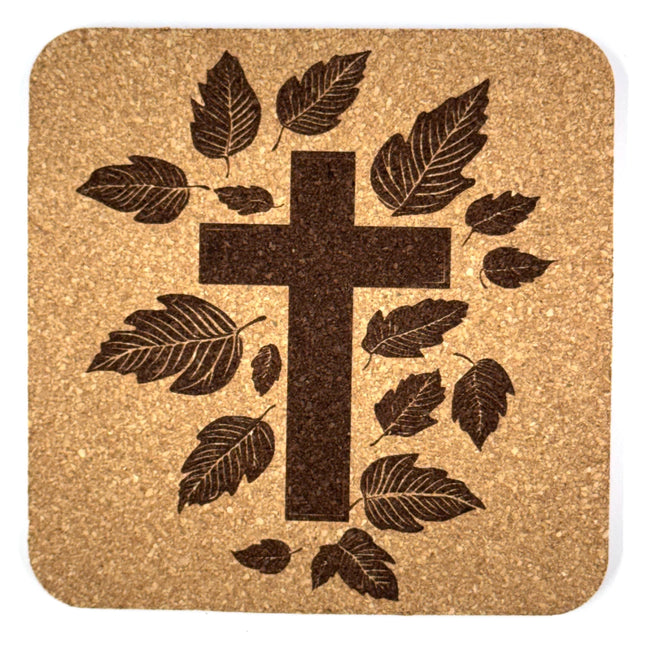 Leaf Pattern Cross Laser Engraved Cork Coaster
