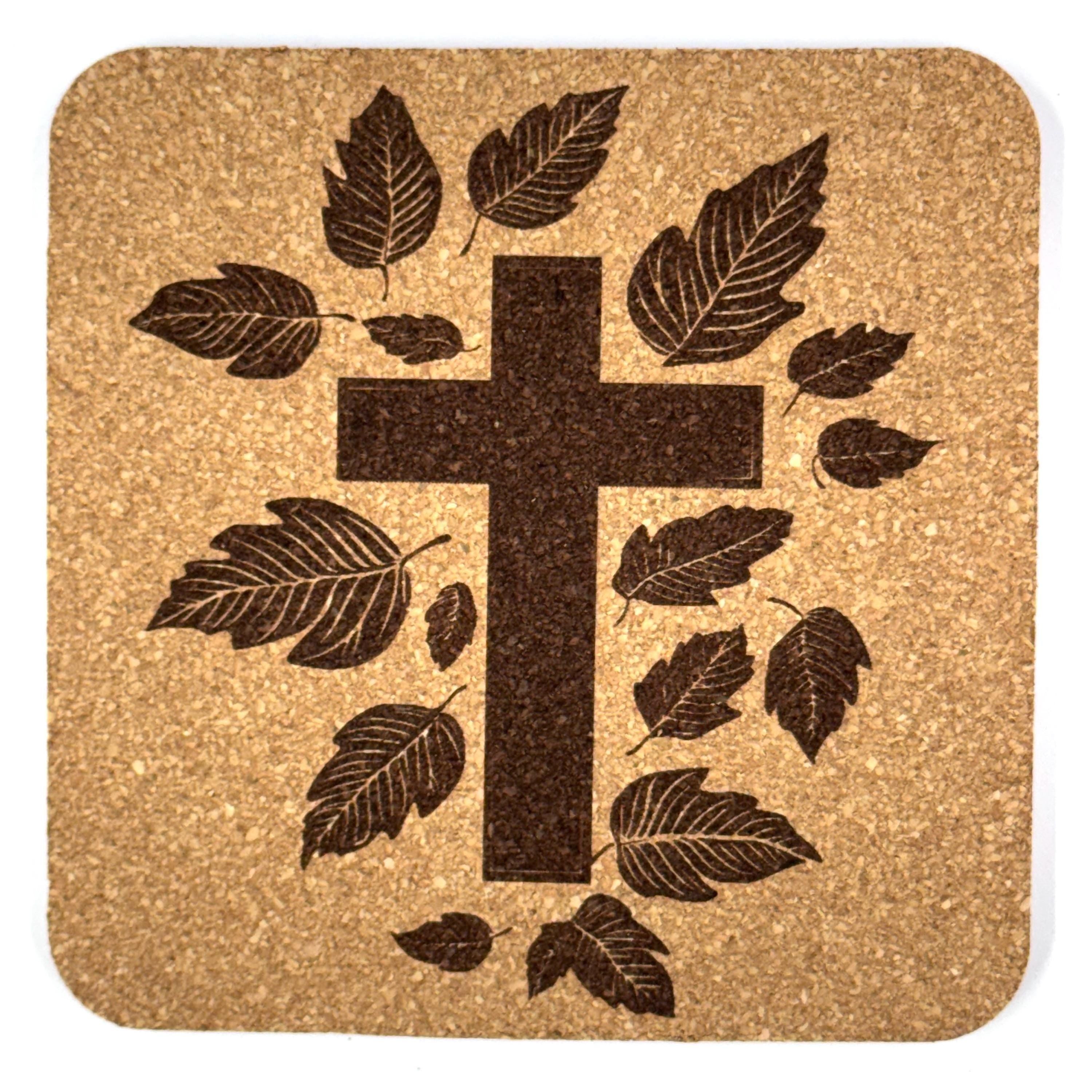 Leaf Pattern Cross Laser Engraved Cork Coaster