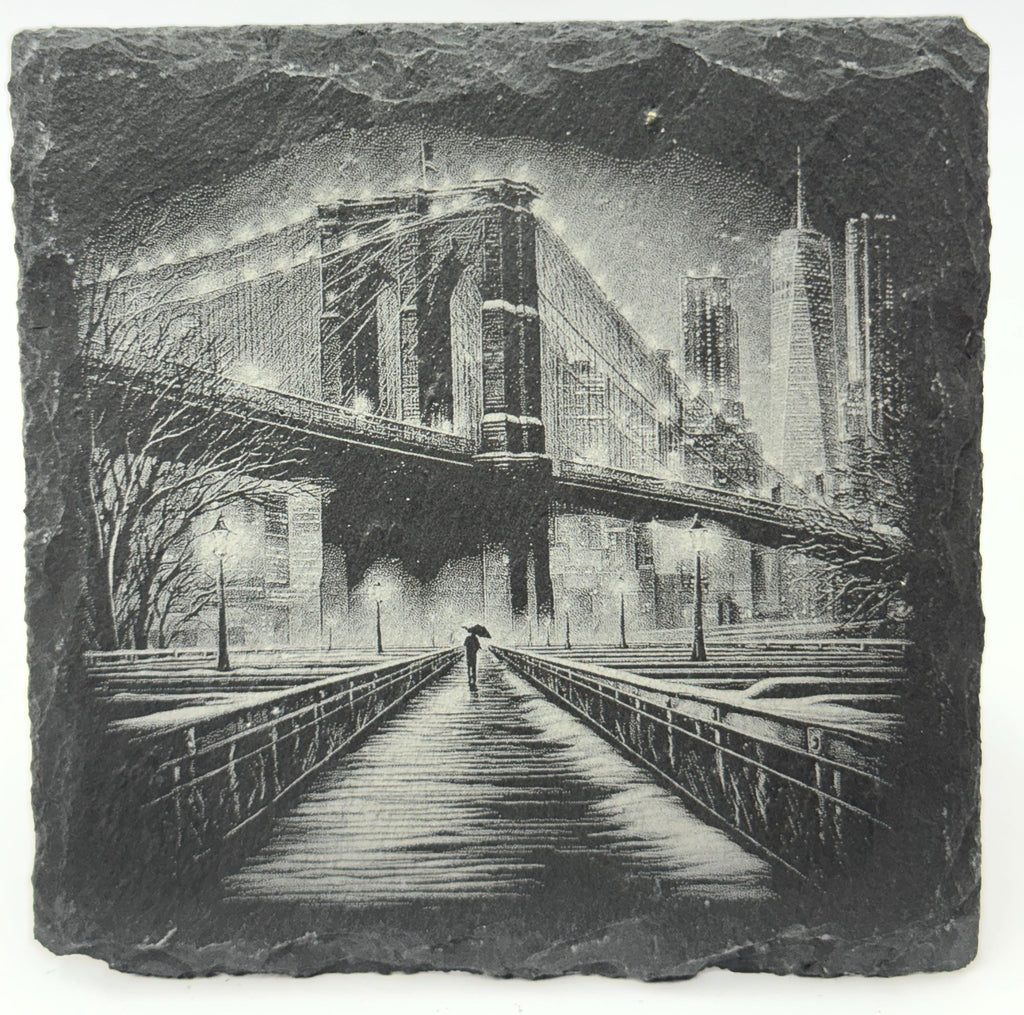 Moody City Bridge at Night – Laser Engraved Slate Coaster