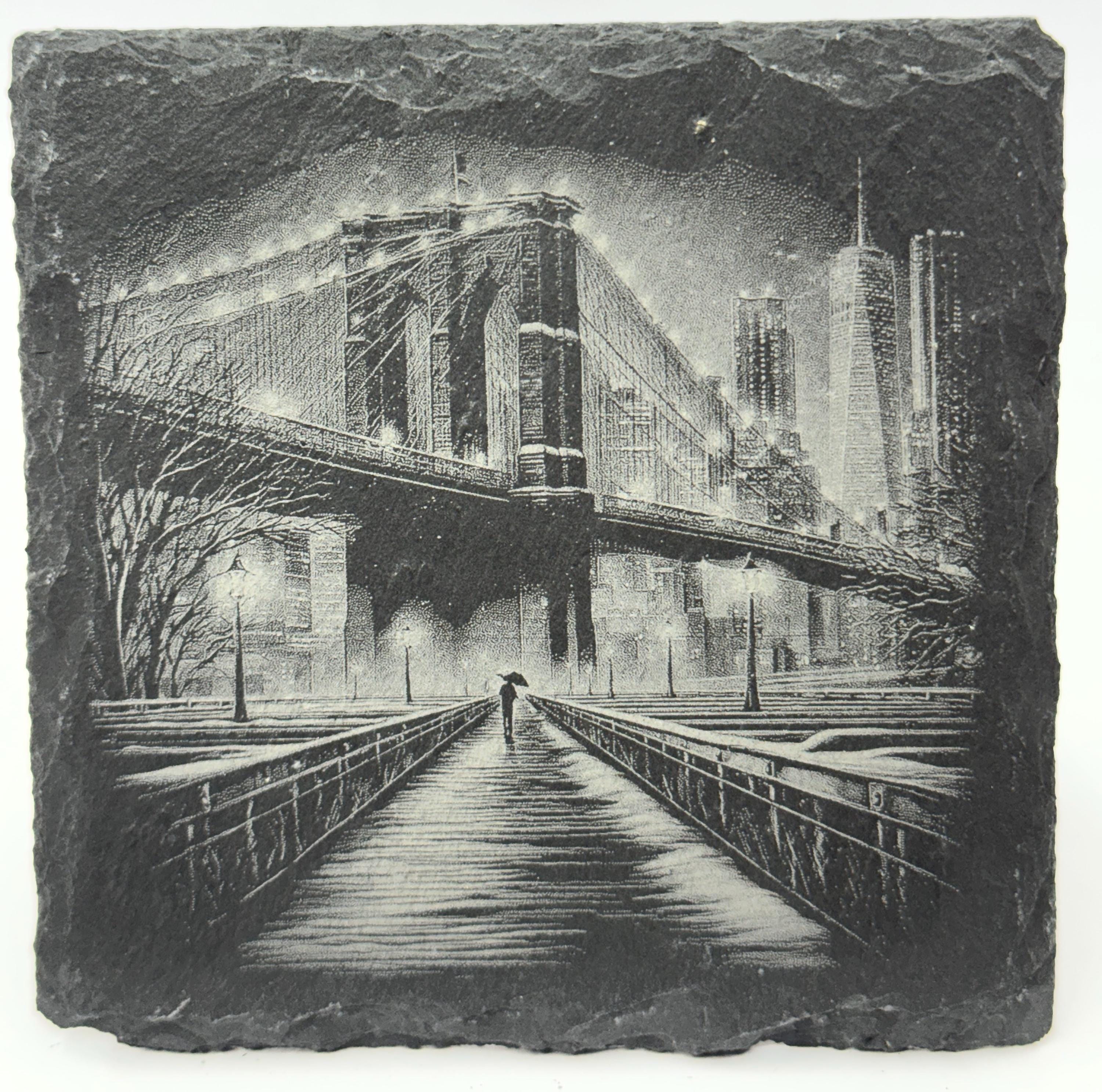 Moody City Bridge at Night – Laser Engraved Slate Coaster